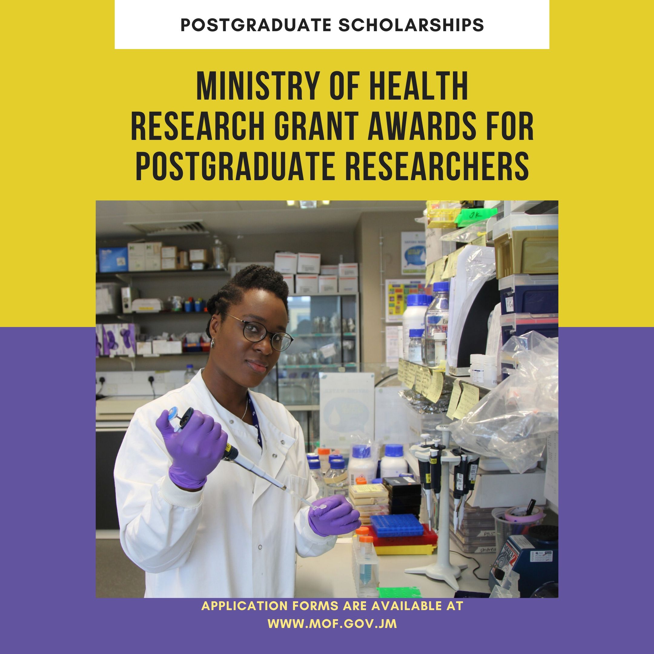 Apply for the Ministry of Health research grant awards for postgraduate researchers programme. 3 awards of J$1.5M each - including admin fees.