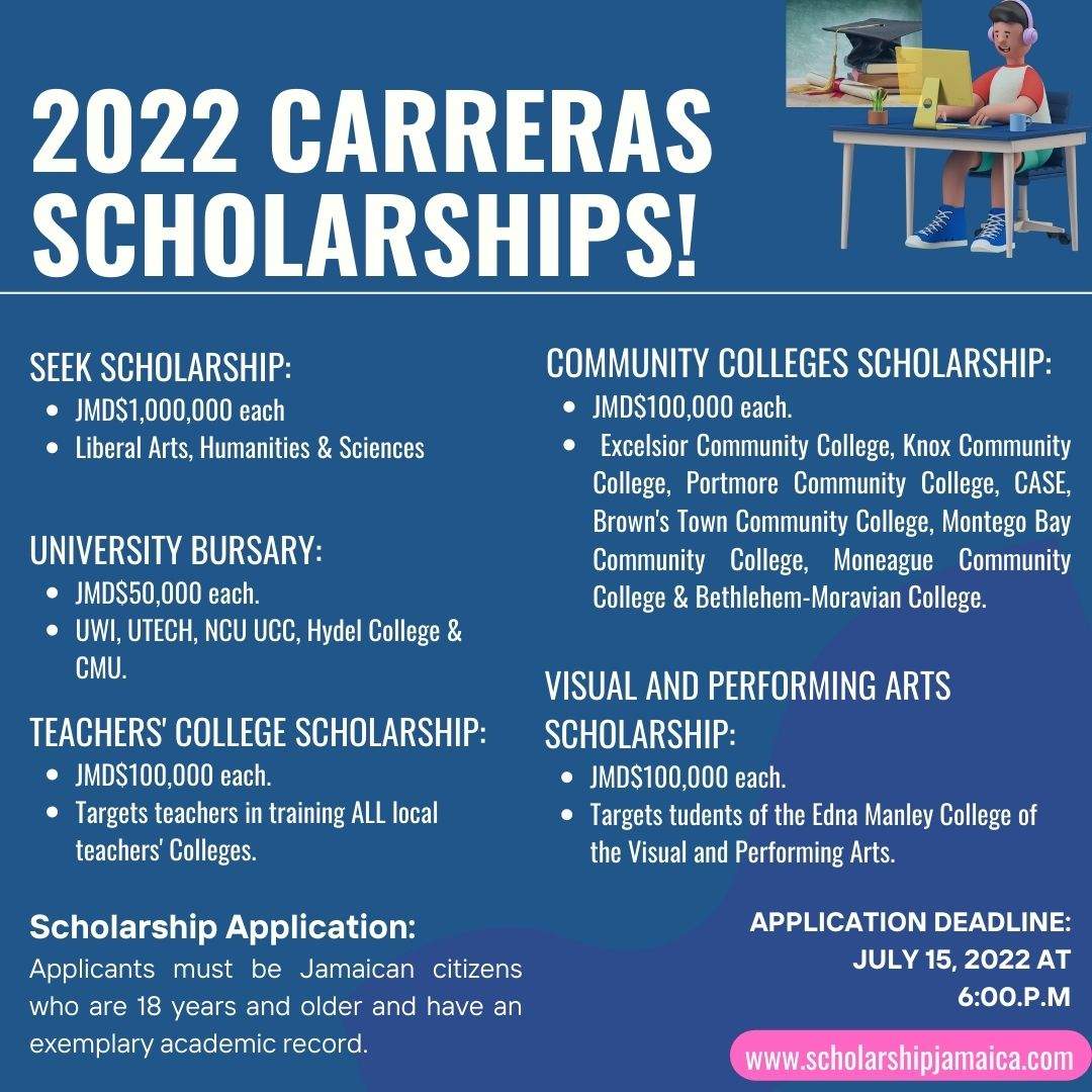 Applications are invited for the 2022 Carreras Scholarships Programme. This annual multi-million dollar scholarship programme application period closes Friday, July 15, 2022. Contact us for application assistance.