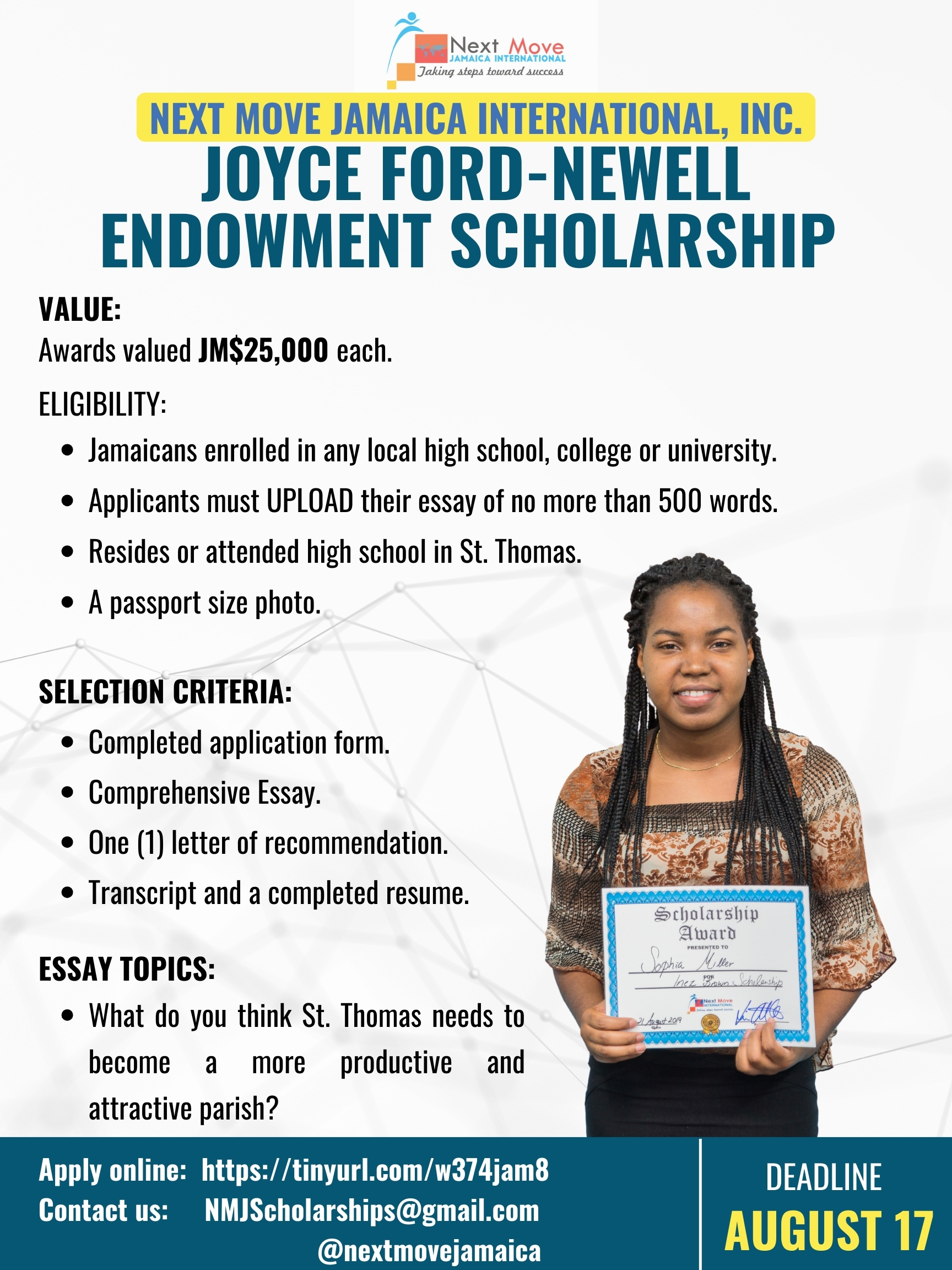 The Joyce Ford-Newell Scholarships for St. Thomas students are open to enrolled students in the parish, especially Seaforth High School students.