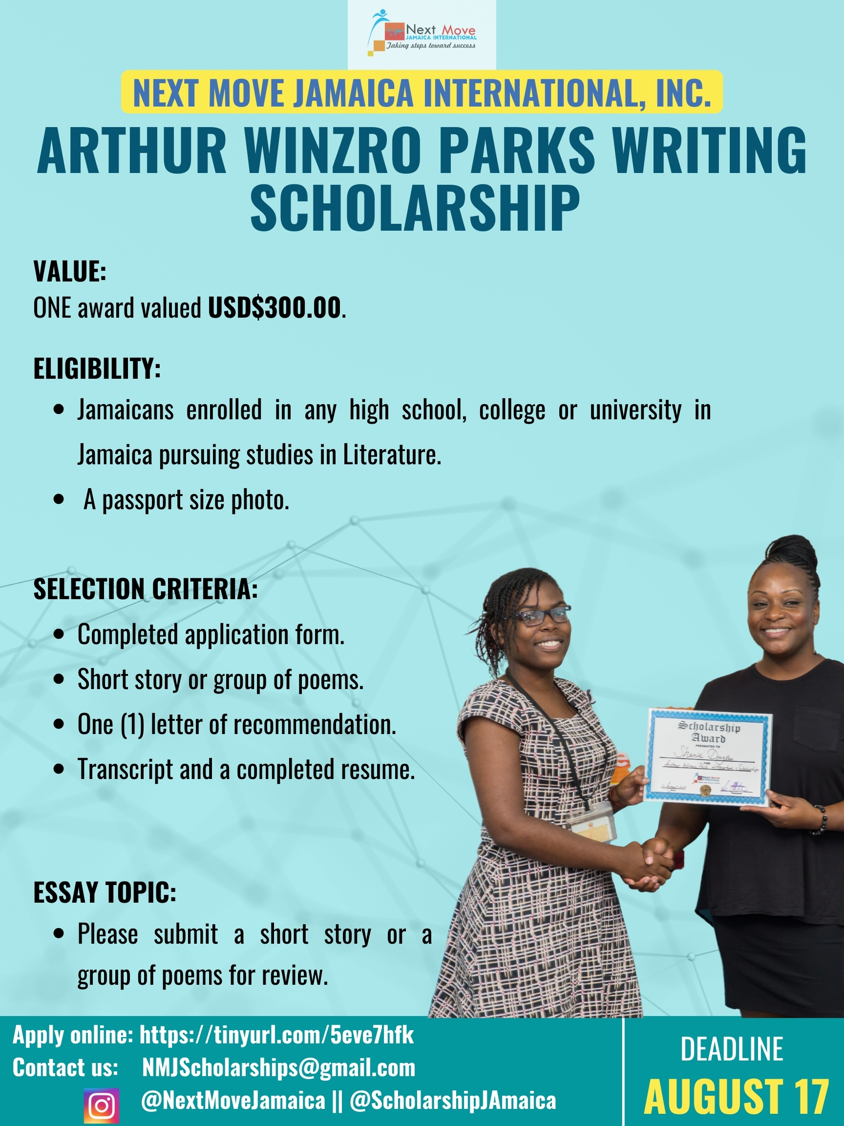 Apply for the 2024 Arthur Winzro Parks Writing Scholarship. The award is available to all local students enrolled in literature studies