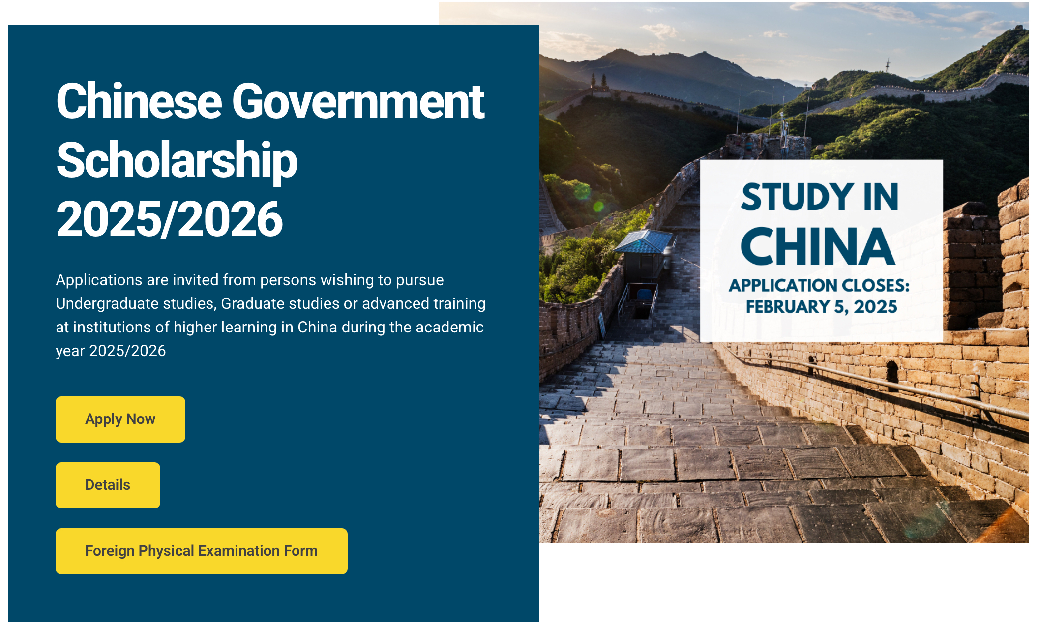 Applications are invited for the study in China scholarships from persons wishing to pursue Undergraduate studies, Graduate studies or Advanced training at institutions of higher learning in China during the academic year 2025/2026.