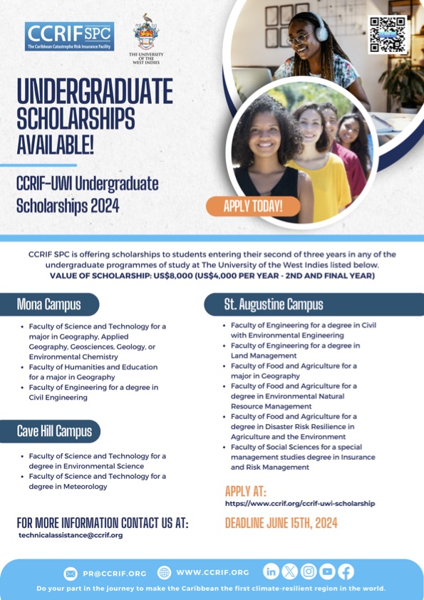 Students are invited to apply to the 2024 CCRIF undergraduate and postgraduate CCRIF scholarship programme to study at Caribbean universities