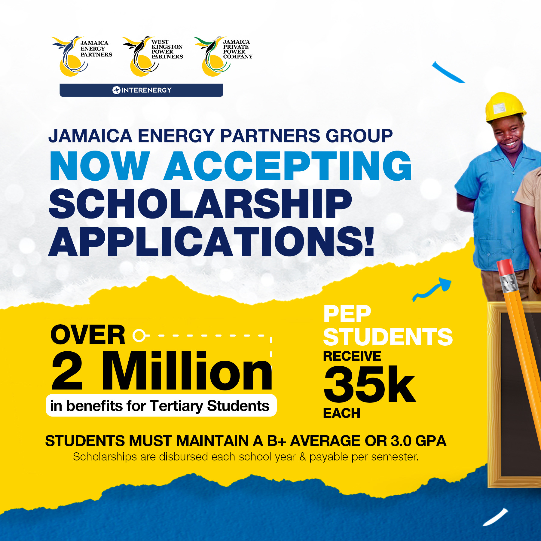 Applicants are invited to apply for the JEP Scholarship for full-time and part-time students at any accredited local college/university from the Jamaica Energy Partners (JEP).