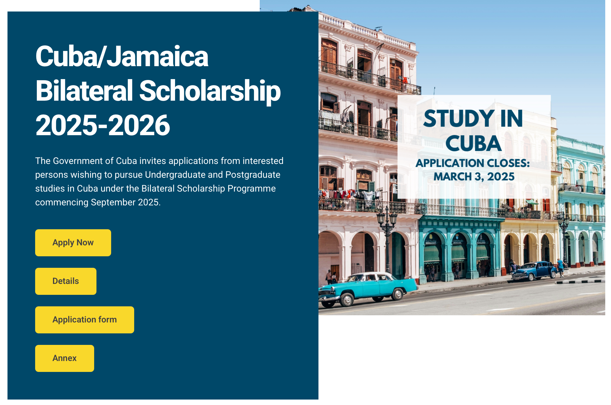 The Government of Cuba invites applications from interested persons wishing to pursue Undergraduate and Postgraduate studies in Cuba under the Cuba Scholarship Programme. Deadline March 3, 2025