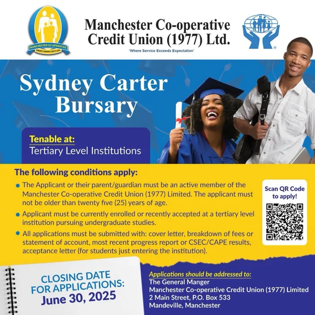 Apply for the annual Sydney Carter Scholarship for members or children of members of the Manchester Co-operative Credit Union (1977) Limited