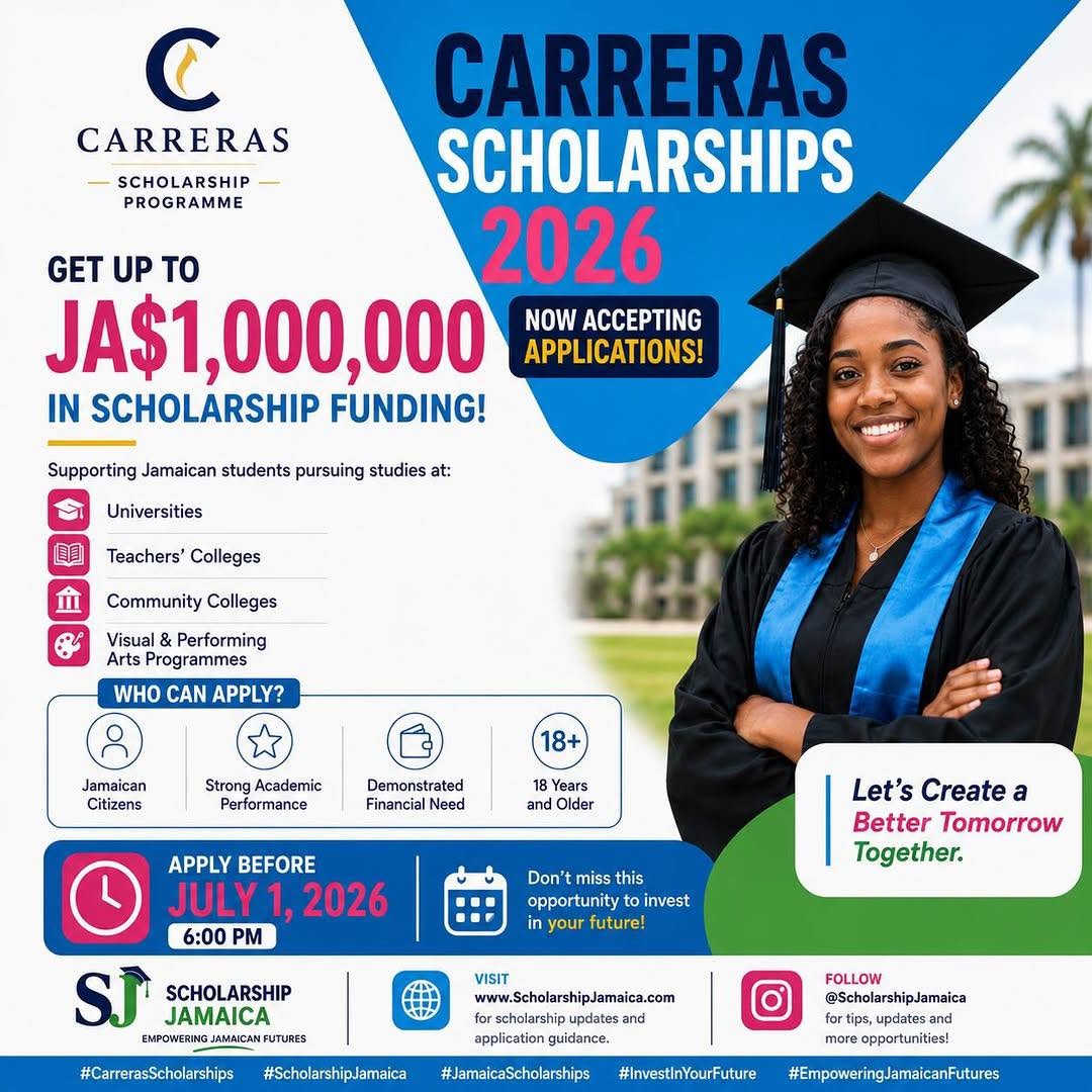 Applications are invited for the 2026 Carreras SEEK Scholarship Fund with awards valued at over J$1Million. This amazing scholarship opportunity closes July 1, 2026. Contact us for application assistance.