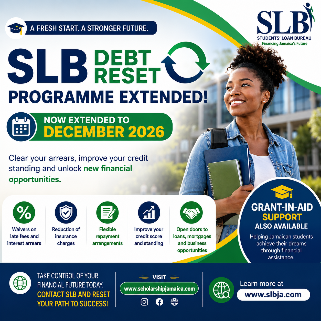 SLB Jamaica extends its Debt Reset Programme through 2026, helping borrowers improve credit scores while accessing grant-in-aid and educational financing opportunities.